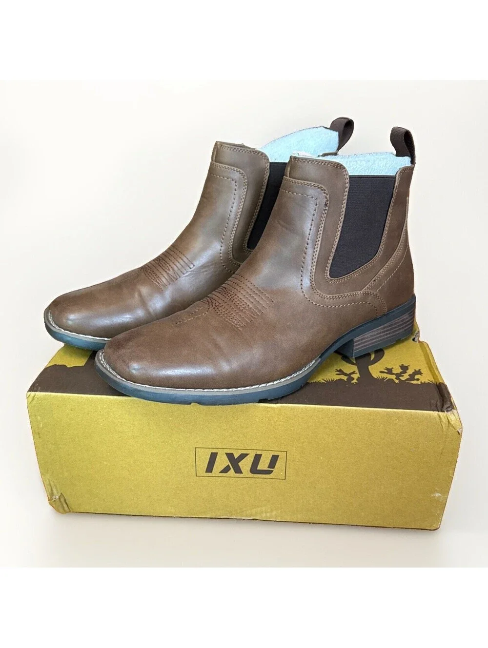 NEW Men’s IXU Cowboy Western Chelsea Ankle Square Toe Brown Boots Size 9.5